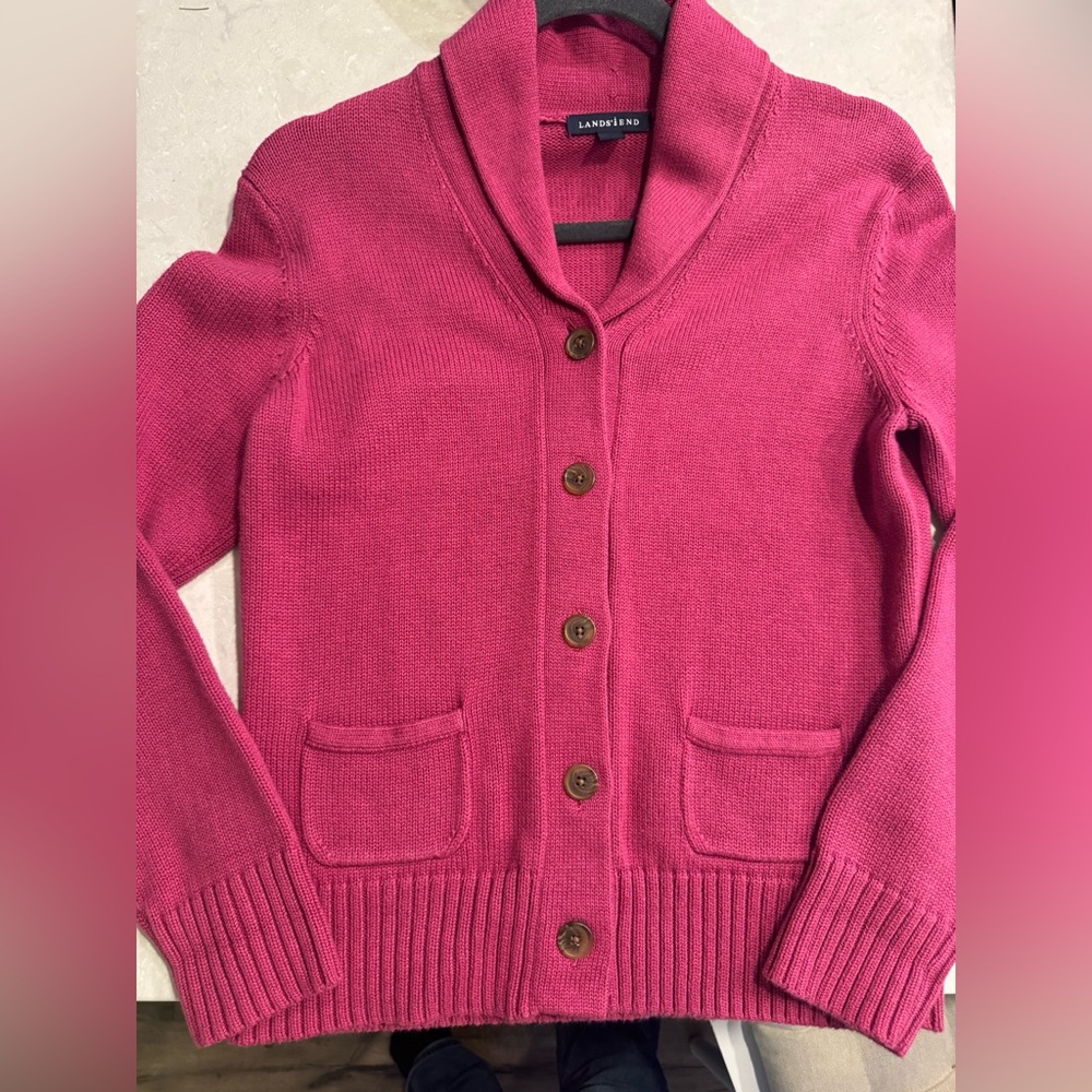 Lands' End Women's Pink Shawl Collar Button-up Cardigan